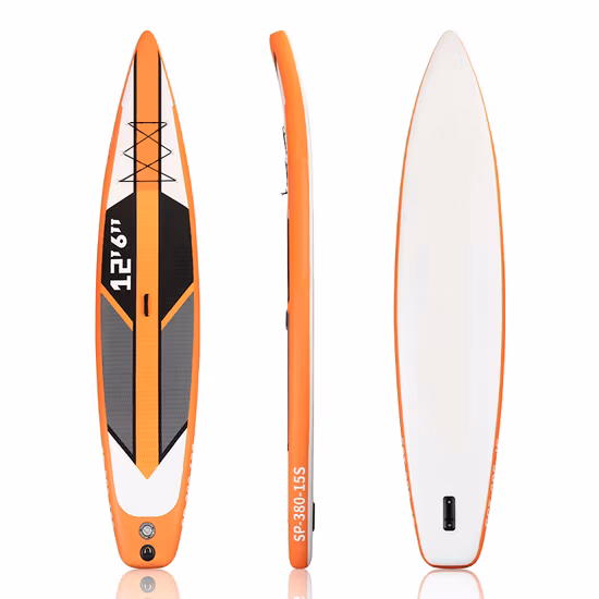 China atacado personalizar design 12′ 6 prancha de stand up paddle inflável, kit de prancha de corrida, com acessórios